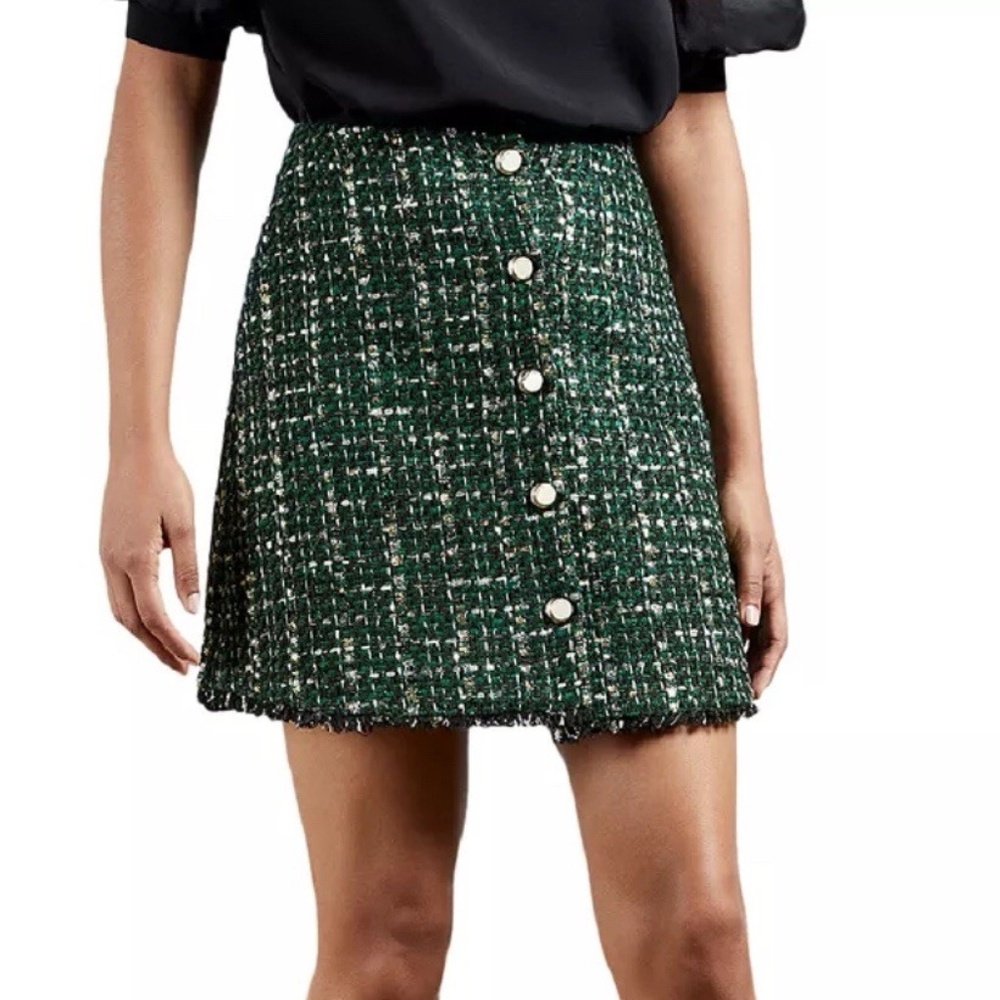 Ted Baker Errinas Boucle Mini Skirt Green Tweed Buttons Fringe - size 1 (US 4)